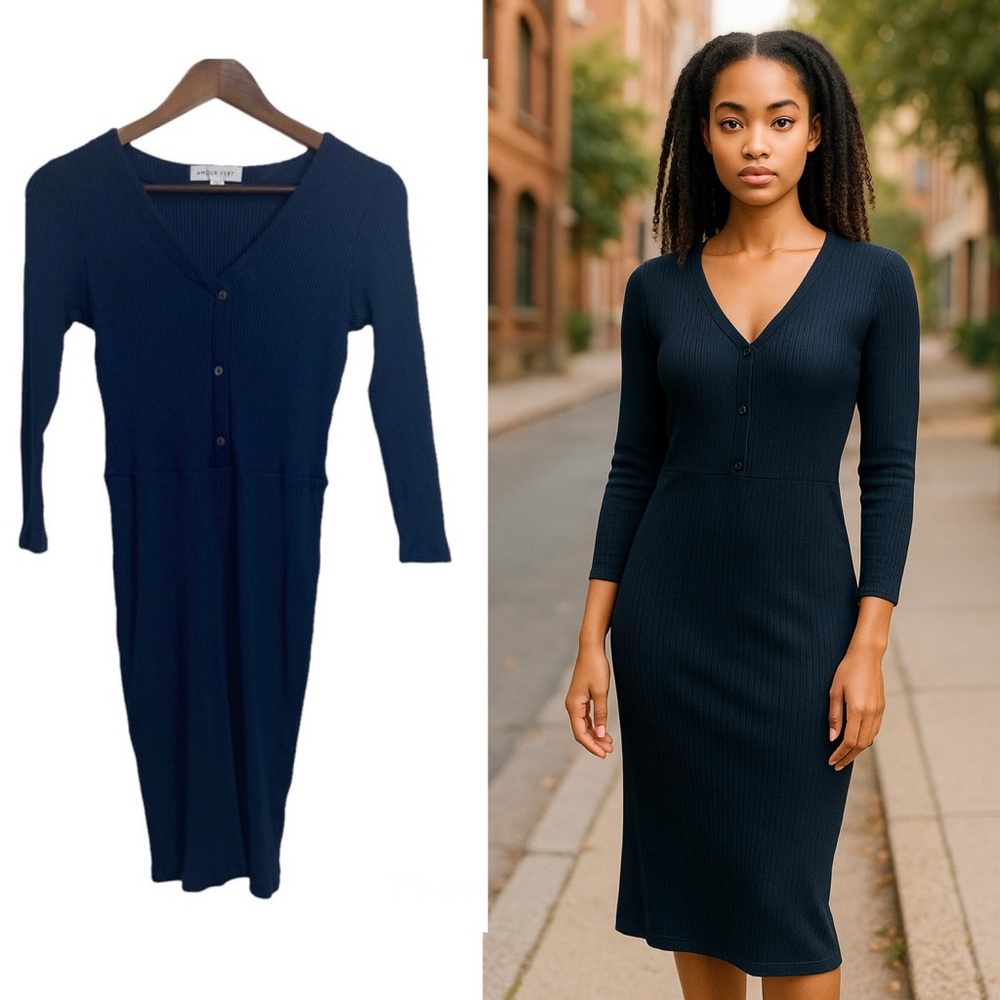 Amour Vert Navy Blue Ribbed Body Con Dress